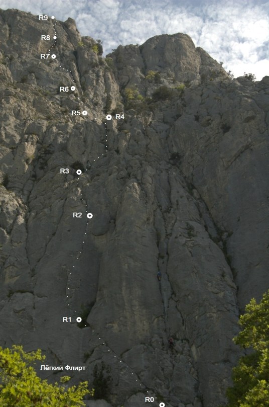 Маршрут показан пунктиром чтобы не закрывать рельеф скалы на фотографии. Невидимый участок - только R4-R5